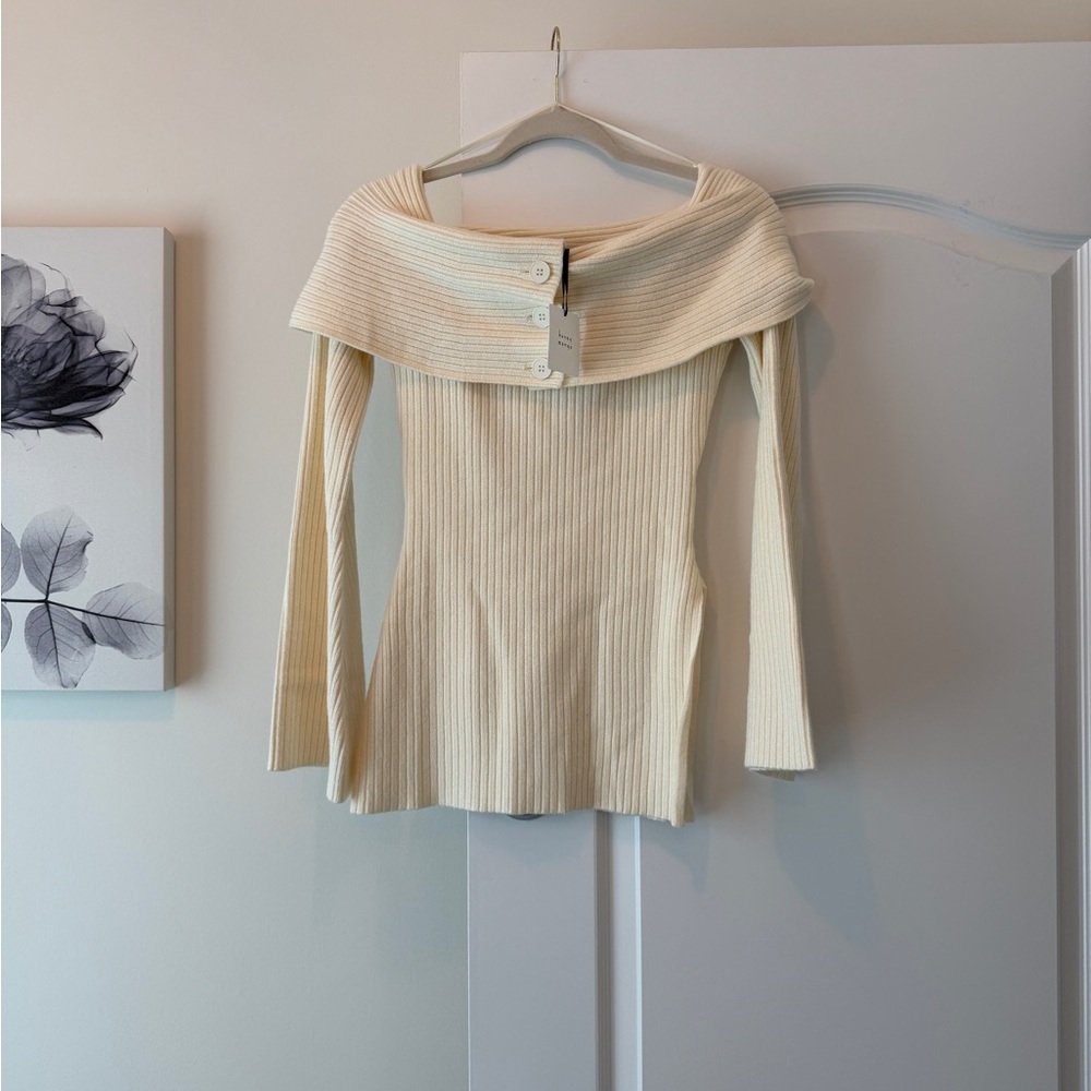Off-Shoulder Ribbed Sweater Top - Cream